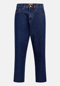 Dark blue denim jeans with a straight leg, high waist, five pockets, and contrast stitching. Features a raw hem at the ankle.