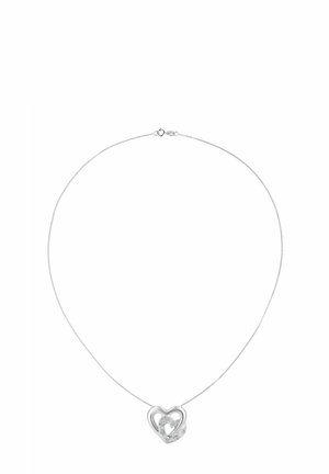Srebrny naszyjnik z podwójnym wisiorkiem w kształcie serca o gładkim wykończeniu, z jednym sercem ozdobionym małymi, przezroczystymi kamieniami.