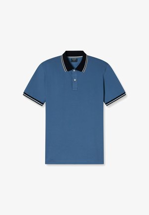 Polo shirt in lichtblauw katoen met een zwarte kraag, witte en zwarte gestreepte accenten, een placket met twee knopen en een klein logo op de borst.