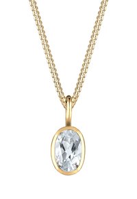 Guld kæde med en oval klar ædelsten pendant. Pendanten har en glat bezel indstilling, der fremhæver stenens klarhed.