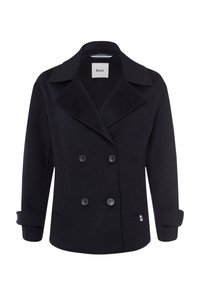 Peacoat en mélange de laine marine avec un design à double boutonnage, des revers larges, de grands boutons noirs et des manches retroussées. Offre des poches latérales.