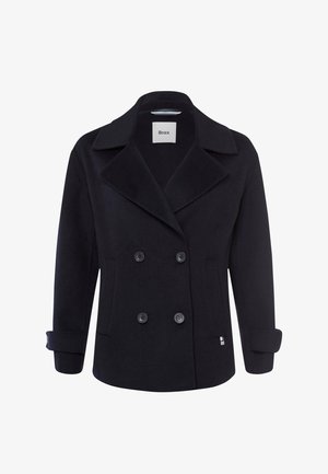 Marineblauer Wollmischung-Peacoat mit doppelter Knopfleiste, breiten Reverskragen, großen schwarzen Knöpfen und umgeschlagenen Bündchen. Mit Seitentaschen ausgestattet.