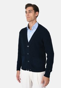 Cardigan lavorato a maglia blu navy con scollo a V, cinque bottoni, due tasche frontali, polsini e orlo a costine. Indossato sopra una camicia azzurro chiaro.