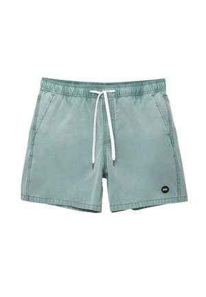 Helle grüne Badehosen aus weichem Material, mit einem elastischen Bund und weißer Kordel sowie Seitentaschen. Kleines Logo am Saum.