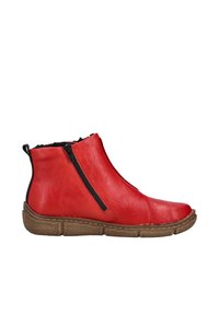 Rote Leder-Ankle-Boots mit einer strukturierten braunen Sohle, die mit zwei seitlichen Reißverschlüssen und einem weichen Innenfutter für zusätzlichen Komfort ausgestattet sind.