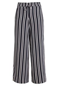 Marinblå och vita randiga byxor med vida ben, elastisk midja och dragsko. Mjukt tyg med en slät yta och lös passform.