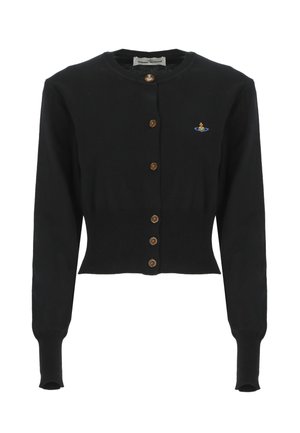 Cárdigan negro corto con mangas largas, cierre de botones en la parte delantera, botones marrones y detalle de logotipo bordado en el lado izquierdo del pecho. Textura de punto suave.