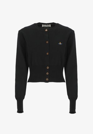 Cardigan nero corto con maniche lunghe, chiusura con bottoni, bottoni marroni e dettaglio ricamato del logo sul lato sinistro del petto. Texture a maglia liscia.