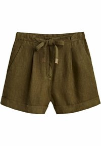 Pantaloni corti in lino verde oliva con vita regolabile, pieghe e risvolti. Presenta dettagli in pelle marrone alle estremità dei lacci.