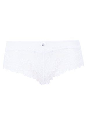 Weiße Spitzen-Boyshorts mit gewellten Kanten und einem kleinen dekorativen Bogen in der Mitte vorne. Weicher, transparenter Stoff mit floralem Muster.