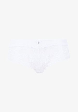 White lace boyshorts featuring scalloped edges and a small decorative bow at the front center. Soft, sheer fabric with floral pattern.