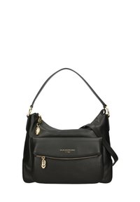 Borsa a spalla in pelle nera con design curvo, dotata di tasca anteriore con zip, dettagli in metallo dorato e tracolla rimovibile.