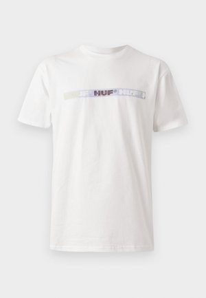 White cotton t-shirt featuring a multicolored "HUF" logo across the chest in varying shades. Classic crew neckline and short sleeves.