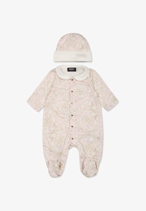 Un body à motif floral rose avec des manches courtes, featuring un col blanc et des boutons à pression dorés. Comprend un chapeau assorti rose et blanc.