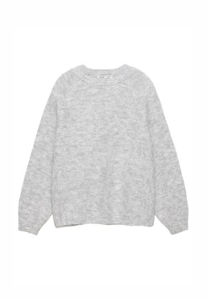 Szary dzianinowy sweter z okrągłym dekoltem, długimi rękawami i prążkowanym wykończeniem u dołu. Wykonany z miękkiego materiału o teksturowanej strukturze, zapewniający luźne dopasowanie.