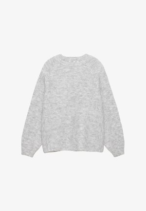 Szary dzianinowy sweter z okrągłym dekoltem, długimi rękawami i prążkowanym wykończeniem u dołu. Wykonany z miękkiego materiału o teksturowanej strukturze, zapewniający luźne dopasowanie.