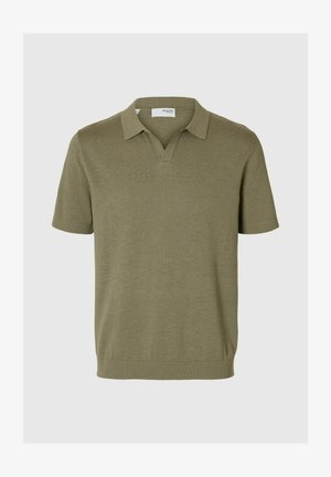 Khaki short-sleeve polo shirt with a v-neck, ribbed hem, and textured knit fabric. Subtle detailing at the collar.