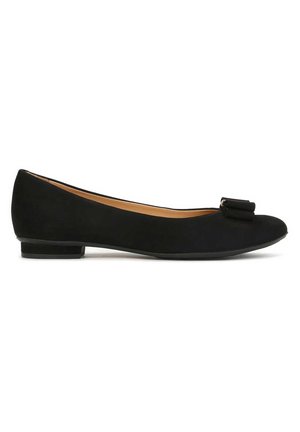Black ballet flat with a smooth texture, rounded toe, low heel, and a small bow accent on the front. Interior features a beige lining.