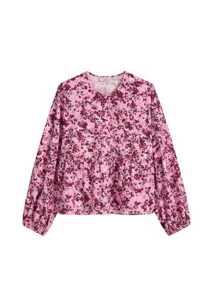 Long-sleeve pink blouse with rounded neckline and abstract burgundy and blue floral pattern, featuring buttons down the front.