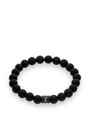 Schwarzes Armband aus Silikonperlen mit glatten, matten Perlen und einem Metallakzent mit Gravur. Rundes Design, elastische Passform.