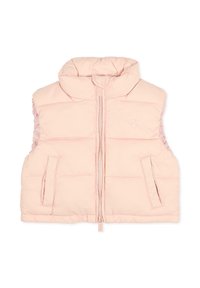 Kamizelka bez rękawów, w kolorze jasnoróżowym, z wysokim kołnierzem, pełnym zamkiem z przodu, dwiema przednimi kieszeniami, gładką teksturą oraz subtelnym detalem logo na klatce piersiowej.