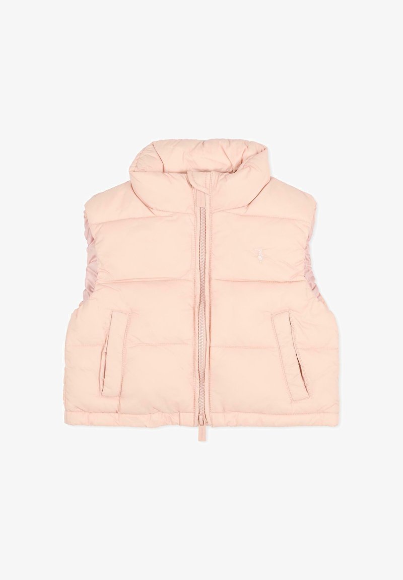 Gilet imbottito senza maniche, colore rosa chiaro, colletto alto, zip frontale completa, due tasche frontali, texture liscia, particolare logo discreto sul petto.