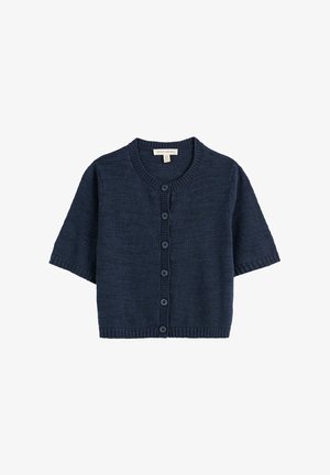 Tumši zils īsroku adīts kardigans ar apaļu kakla izgriezumu un sešām priekšējām pogām, ar ribotām aprocēm, apkakli un apakšu.