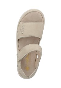 Beige lädersandal med två justerbara remmar, rund tå och vadderad innersula. Har stickade detaljer och cirkulär logotyp.