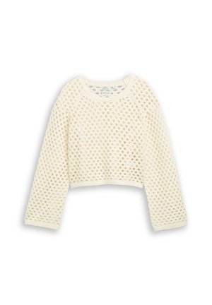 Cream-colored long-sleeve cropped sweater with open-knit pattern and ribbed cuffs and hem on a white background.