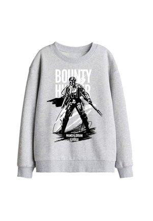 Grauer Sweatshirt mit schwarz-weißer Illustration einer Mandalorian-Figur, die ein Gewehr hält, der Text lautet "Bounty Hunter" und "Mandalorian Grogu."