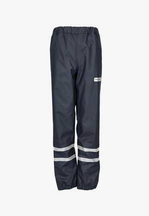 Granatowe wodoodporne spodnie wykonane z błyszczącego materiału, z odblaskowymi srebrnymi paskami i elastycznym pasem zapewniającym pewne dopasowanie.