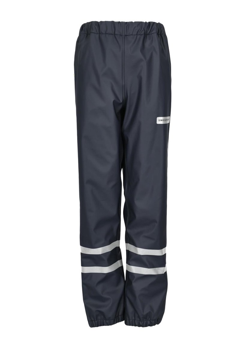 Marineblauwe waterdichte broek van glanzend materiaal, met reflecterende zilveren strepen en een elastische tailleband voor een comfortabele pasvorm.