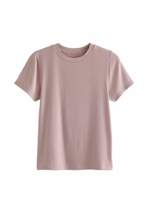 Kortärmelig geribbelde T-shirt met ronde hals in zacht mauve, plat uitgestald tegen een witte achtergrond.