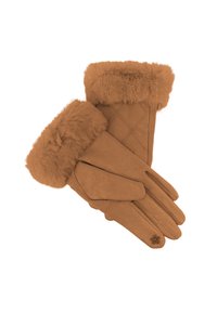 Guanti finti in pelliccia marrone, foderati, con design trapuntato e una morbida texture simile alla suede; presentano un semplice dettaglio floreale sull'orlo del polso.