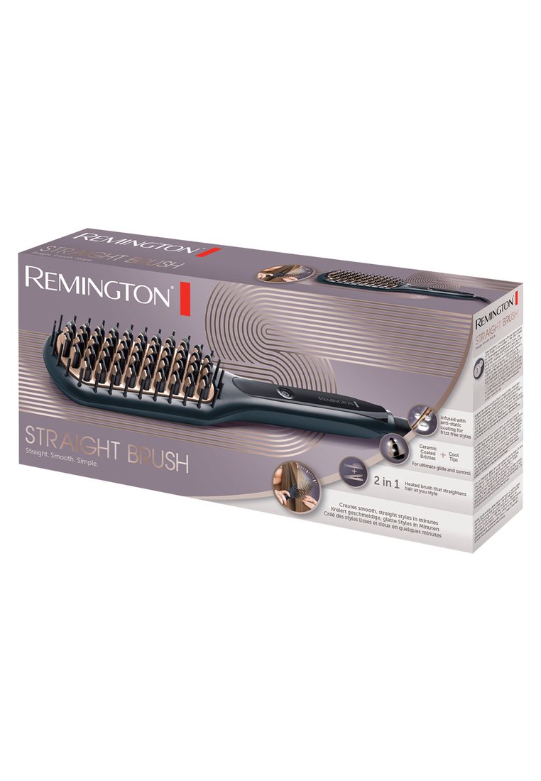 Brosse lissante 2-en-1 Remington avec une poignée noire, des poils en céramique et des embouts froids. La boîte d'emballage présente un design élégant avec un éclat métallisé.