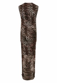 Vestido largo sin tirantes con detalles fruncidos que presenta un patrón de leopardo en marrón y negro.