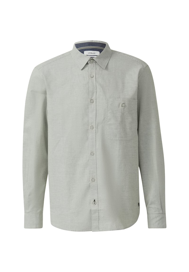 Camicia a maniche lunghe grigio chiaro con bottoni, colletto, taschino sul petto con un solo bottone e etichetta s.Oliver sul bordo inferiore.