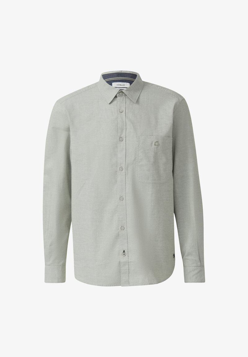 Camicia a maniche lunghe grigio chiaro con bottoni, colletto, taschino sul petto con un solo bottone e etichetta s.Oliver sul bordo inferiore.