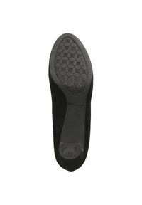 Suola di scarpa in suede nero con un fondo in gomma testurizzata e un motivo geometrico per aderenza, e un'area del tacco liscia e sollevata.