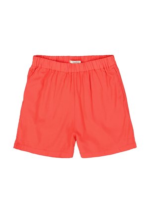 Hose aus leuchtendem Korallenstoff, mit elastischem Bund, lockerer Passform und ohne sichtbare Taschen oder auffällige Verzierungen.