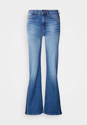 Schlagjeans aus blauem Denim mit mittlerer Taille, kontrastierender Naht und leicht verwaschenem Look. Klassisches Fünf-Taschen-Design mit Knopfverschluss.