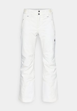 Weiße Schnee-Hosen mit geradem Bein, zwei Vorderseiten-Taschen und zwei schwarzen Knopfverschlüssen. Texturiertes Material mit schwarzem Markenlogo.