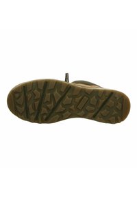 Semelle de chaussure extérieure avec un design robuste, en caoutchouc brun, profondes rainures pour la traction, dotée de grooves flexibles et d'une finition texturée.