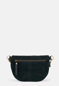 Black suede crossbody bag with gold hardware, featuring a top zipper closure, a front zip pocket, and a rounded shape.