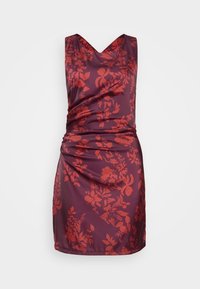 Burgundy dress with a floral red pattern, sleeveless design, V-neckline, and gathered fabric at the waist, made from a smooth material.