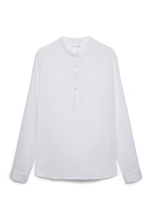 Camicia bianca a maniche lunghe con colletto alla coreana e cinque bottoni frontali, taglia XL, mostrata su sfondo bianco semplice.