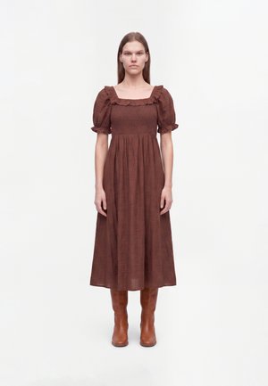 New Look, DARK  SHORT SLEEVE SHIRRED FRILL MIDI DRESS - Vestido informal - dark brown