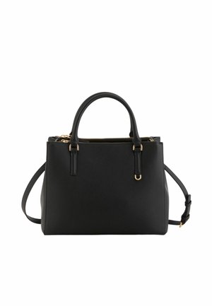 Sac à main structuré noir avec deux poignées supérieures, une bandoulière amovible et des détails en métal doré, y compris la fermeture éclair.