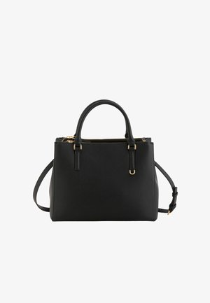 Schwarze strukturierte Handtasche mit zwei oberen Griffen, einem abnehmbaren Schulterriemen sowie Reißverschluss und Beschlägen in Goldoptik.