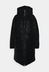 Giacca puffa nera con cappuccio, dotata di zip frontale, design trapuntato, tasche laterali e silhouette di lunghezza media. Tessuto liscio.